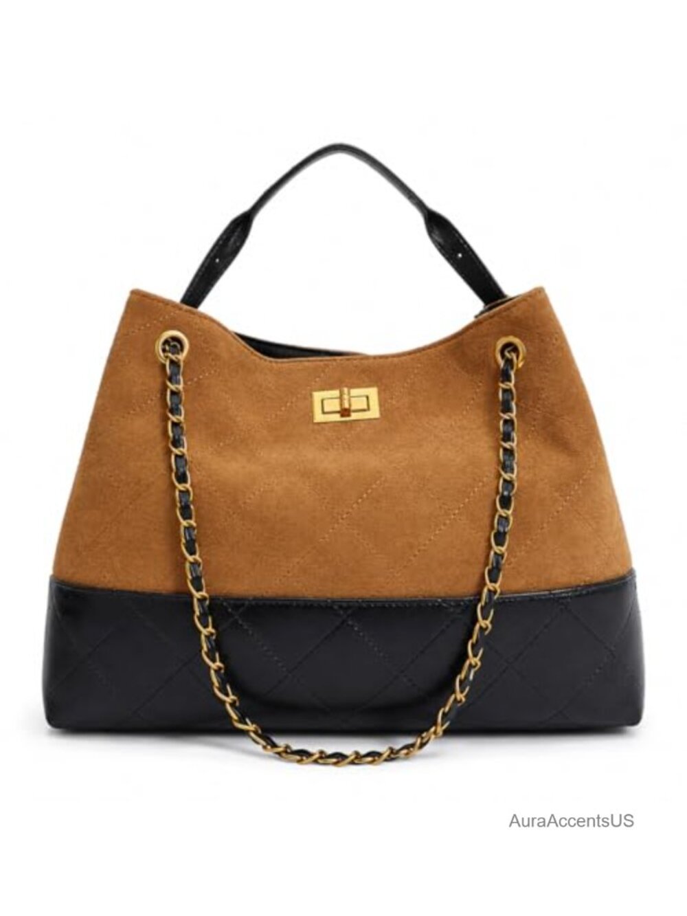 Quilted Two-Tone Tote Bag Faux Suede Leather Purse Shoulder Handbag with Chain